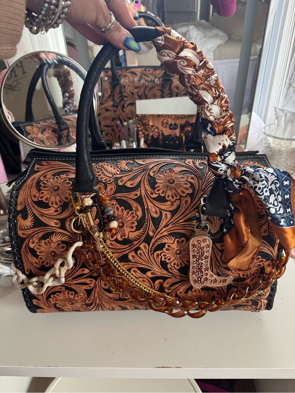 Women's Burnt Orange Floral Embossed Tote Bag
